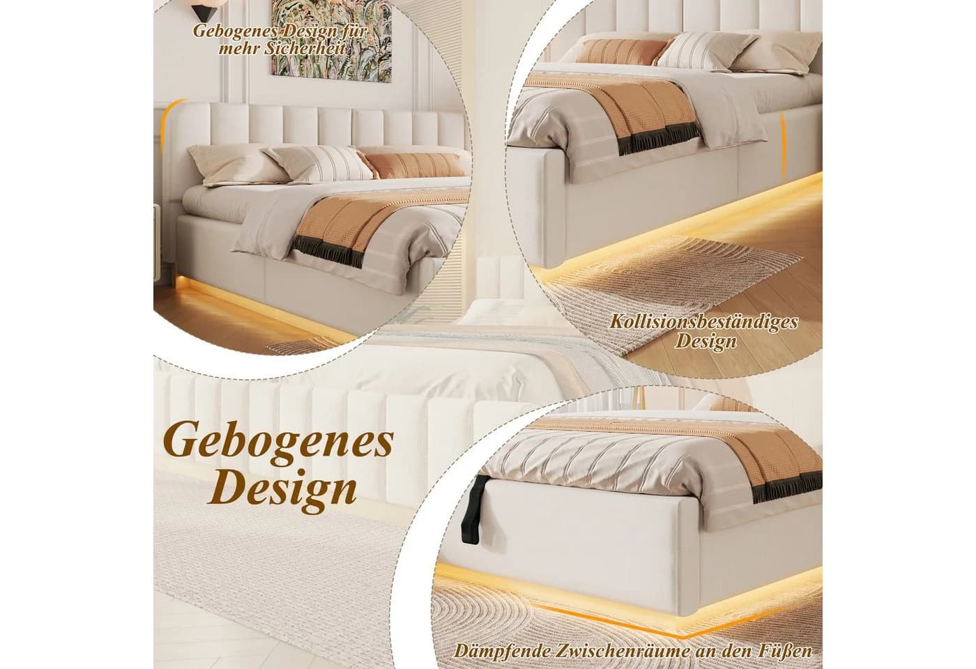 Flieks Polsterbett 180x200 mit LED und Stauraum Beige - Bild 5
