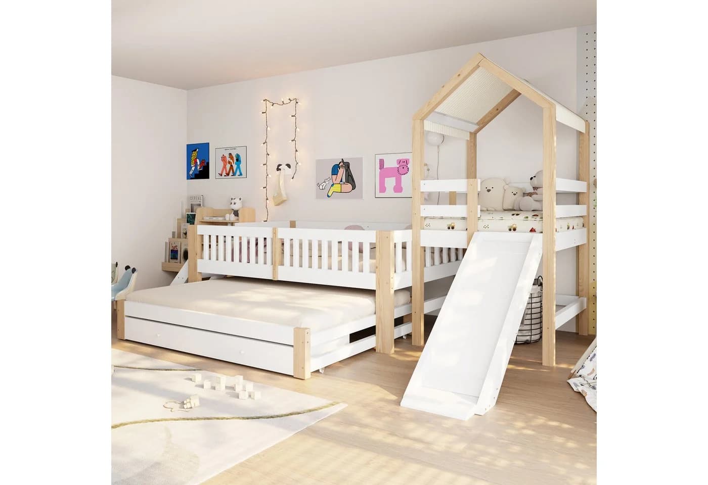 Flieks Kinderbett Massivholz mit Ausziehbett, Rutsche & Schubladen