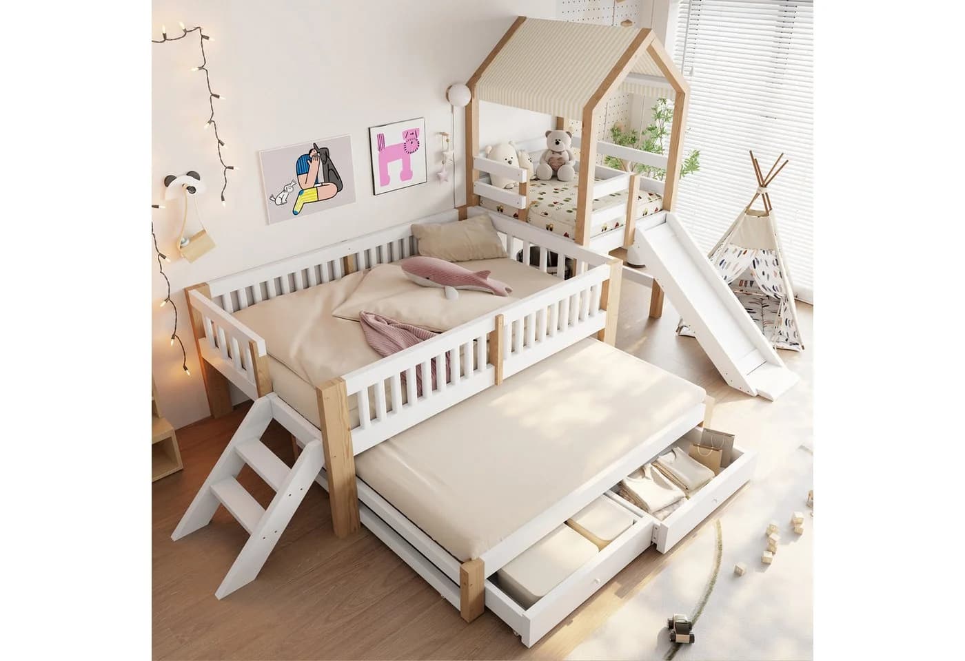 Flieks Kinderbett Massivholz mit Ausziehbett, Rutsche & Schubladen - Bild 2