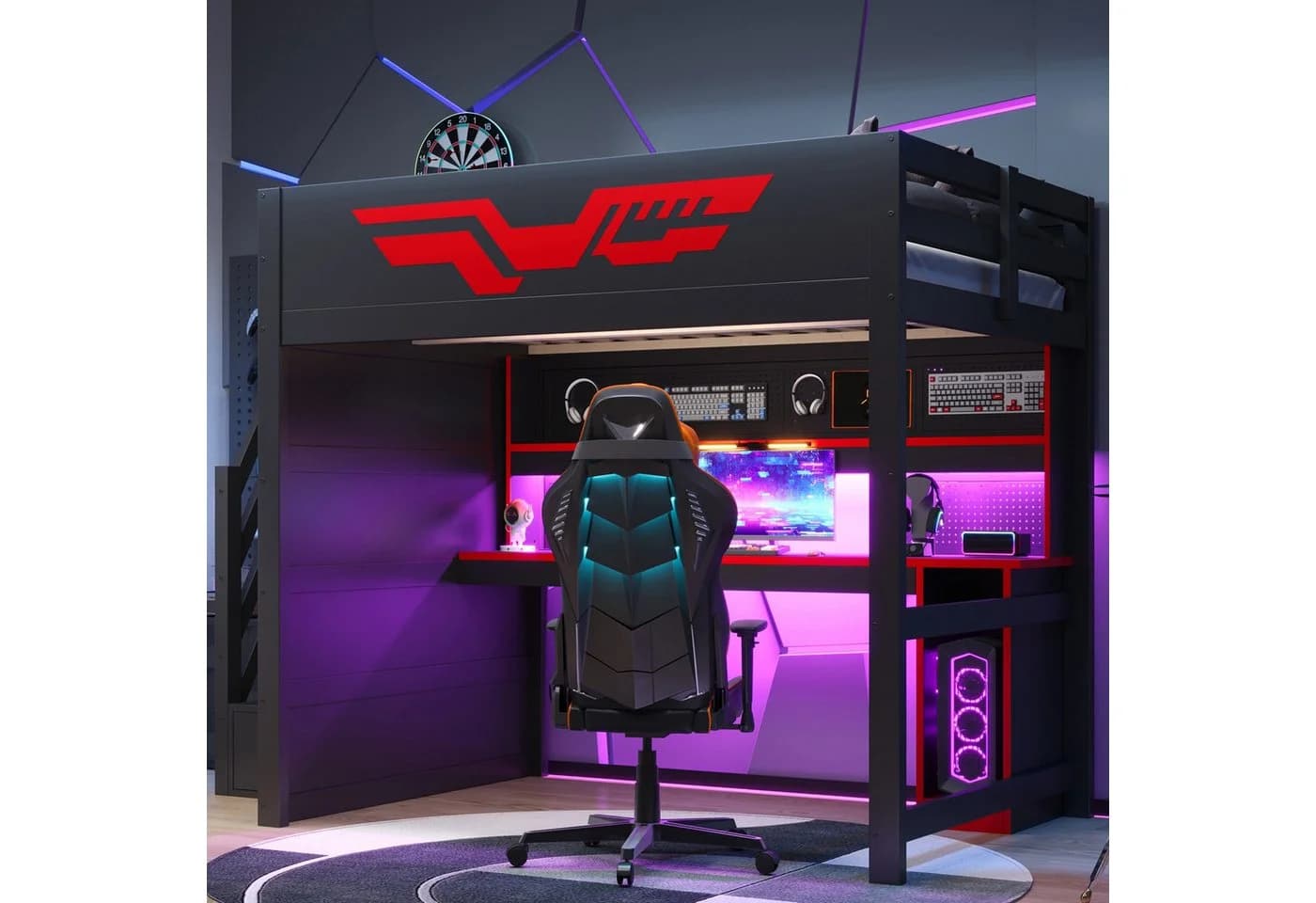 Flieks Hochbett Gaming 140x200cm mit Schreibtisch LED & Stauraumtreppe
