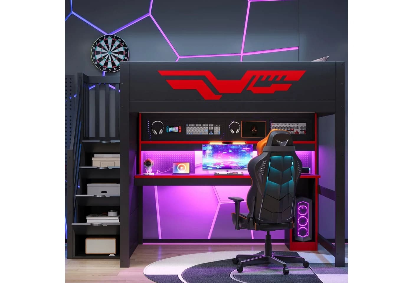 Flieks Hochbett Gaming 140x200cm mit Schreibtisch LED & Stauraumtreppe - Bild 2