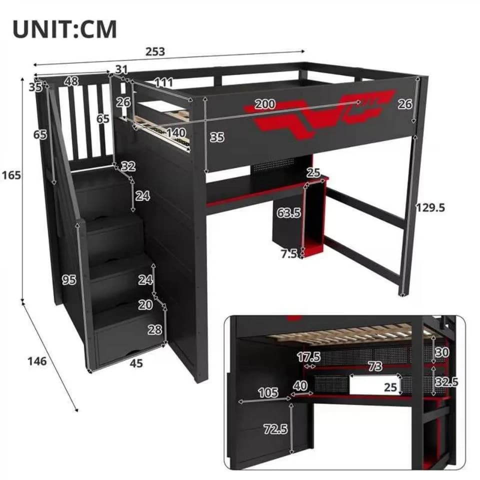 Flieks Hochbett Gaming 140x200cm mit Schreibtisch LED & Stauraumtreppe - Bild 4