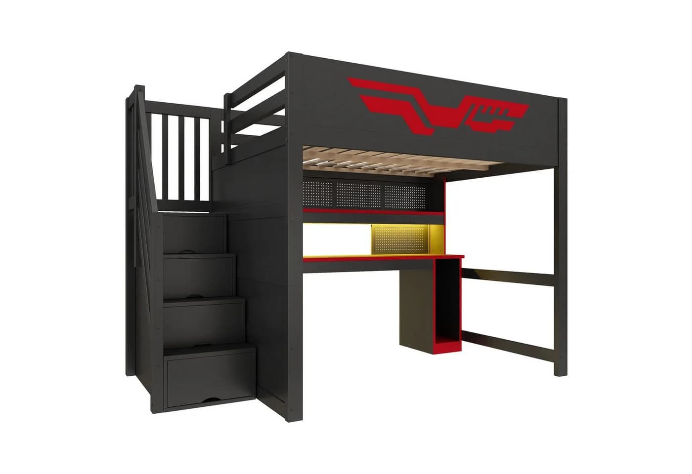 Flieks Hochbett Gaming 140x200cm mit Schreibtisch LED & Stauraumtreppe - Bild 5