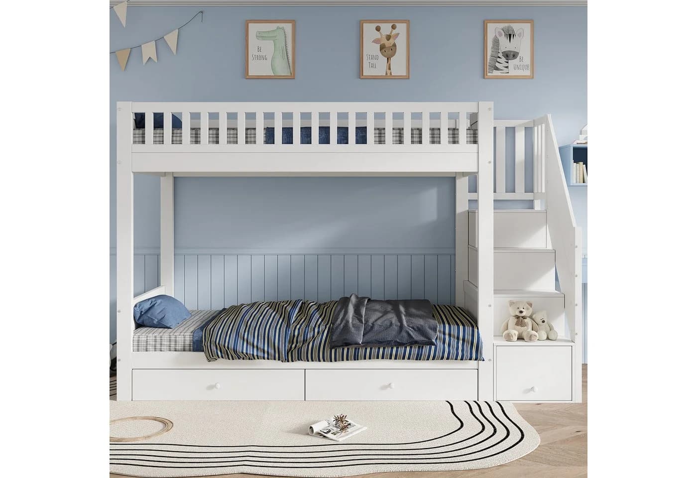 Flieks Etagenbett Kinderbett 90x200cm mit Stauraumtreppe und Rausfallschutz Weiß
