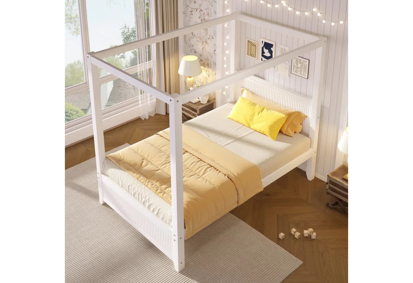Flieks Himmelbett Weiß mit Lattenrost und Dachrahmen