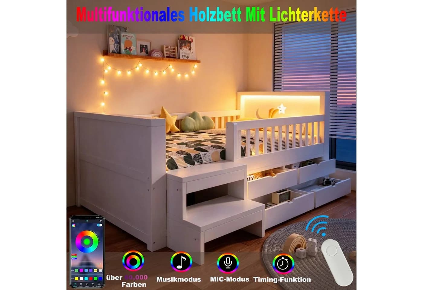 Flieks Kinderbett 90x200 weiß mit Schubladen, Treppe & LED - Bild 4