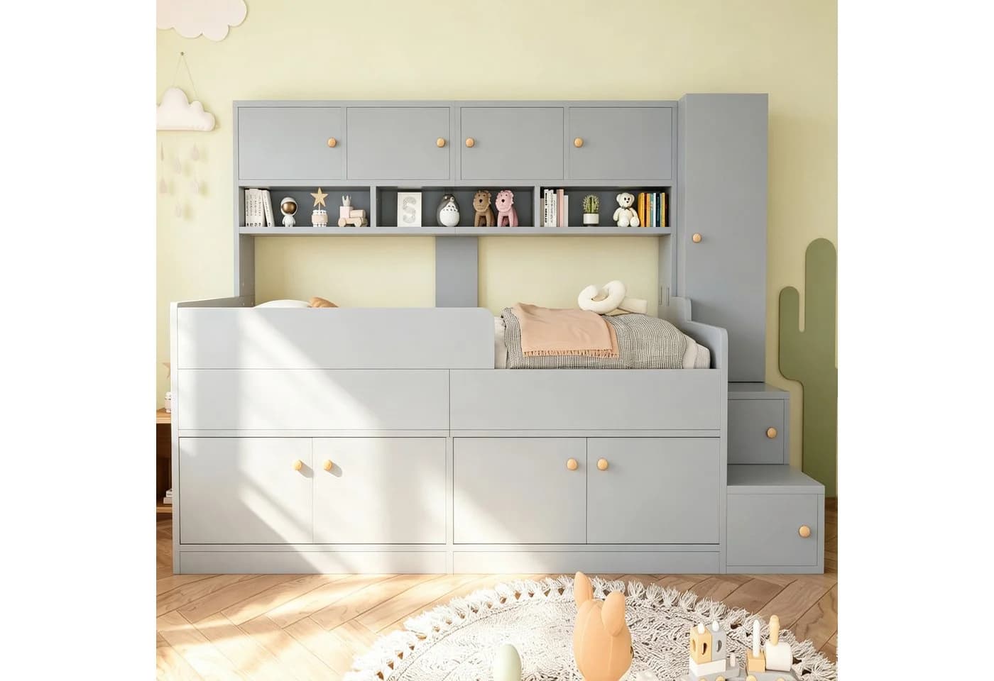 Flieks Kinderbett 90x200 Grau mit Stauraum und LED