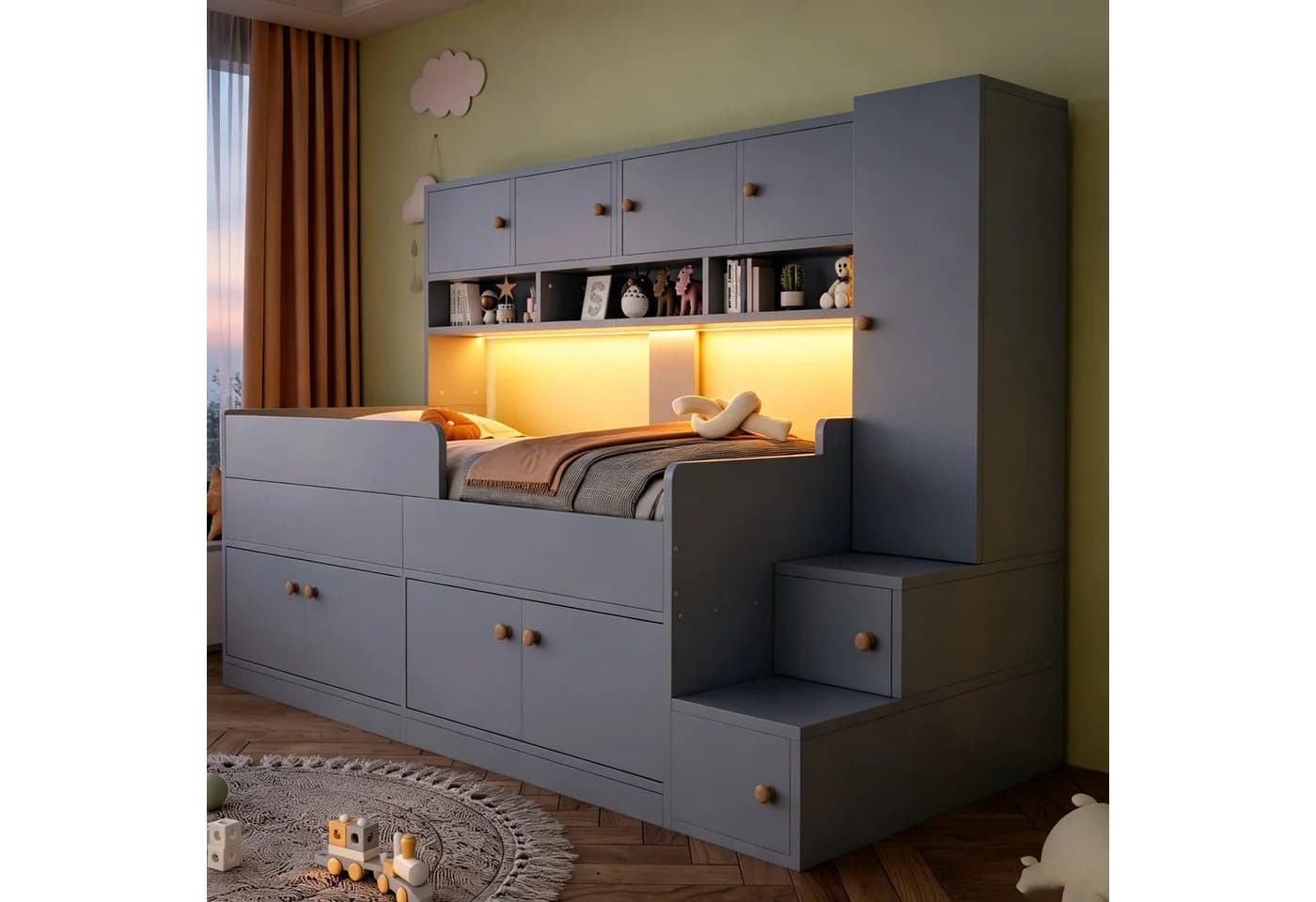 Flieks Kinderbett 90x200 Grau mit Stauraum und LED - Bild 4
