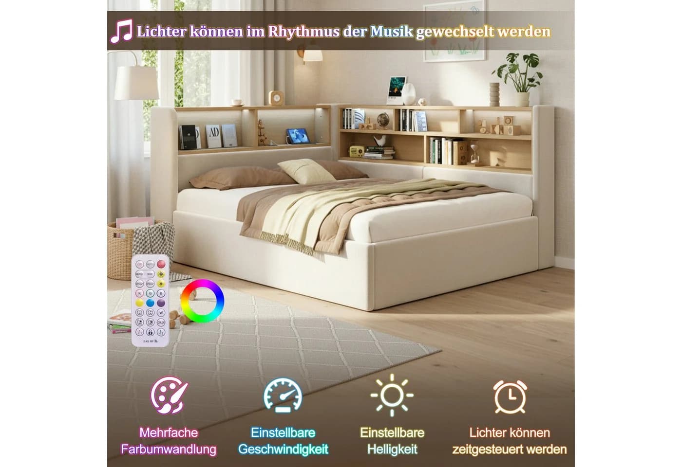Flieks Daybett Polsterbett Beige Samt mit Stauraum und LED - Bild 3