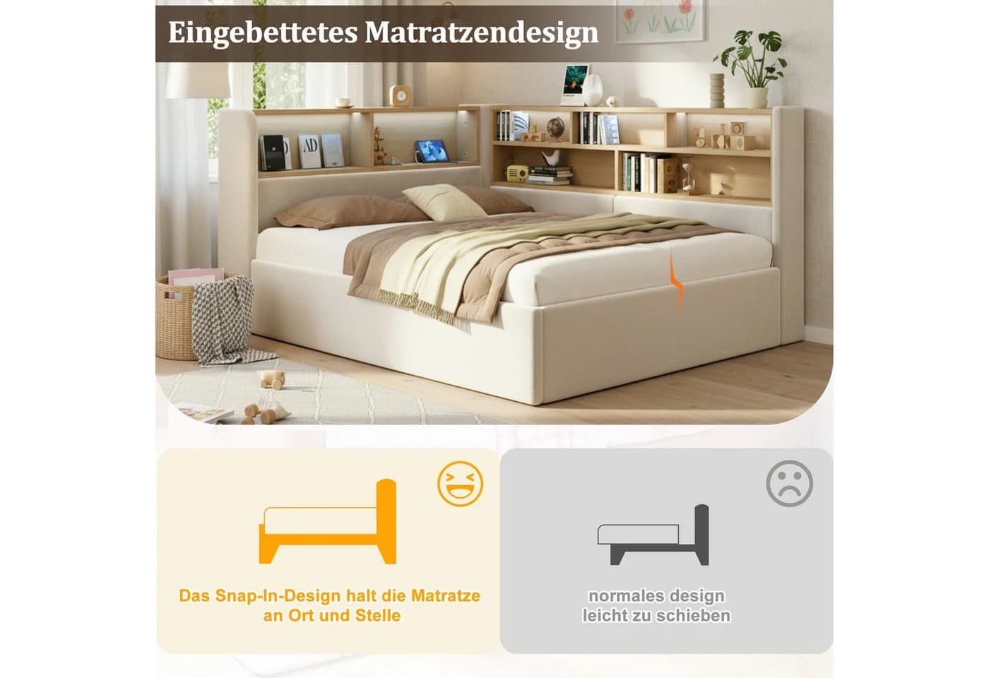 Flieks Daybett Polsterbett Beige Samt mit Stauraum und LED - Bild 4