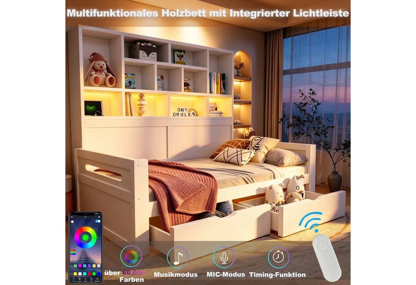 Flieks Holzbett 90x200 weiß mit Stauraum und LED - Bild 4