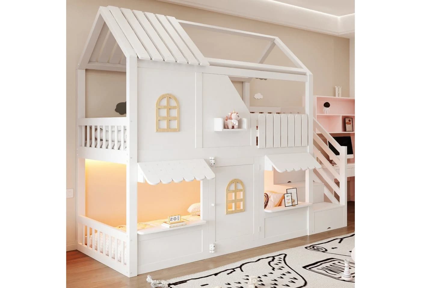 Flieks Etagenbett Kinderbett Haus-Design Stauraumtreppe LED-Beleuchtung Weiß