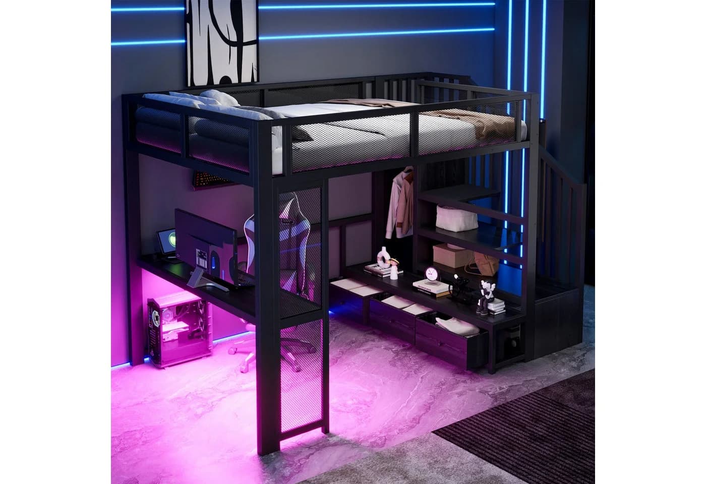 Flieks Hochbett Metallbett 140x200cm mit Schreibtisch, Stauraumtreppe, LED & USB