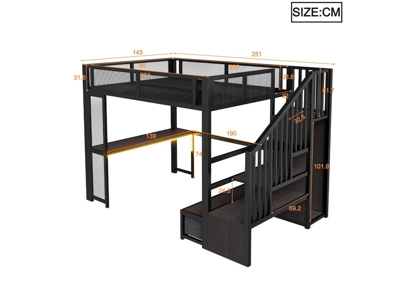 Flieks Hochbett Metallbett 140x200cm mit Schreibtisch, Stauraumtreppe, LED & USB - Bild 4