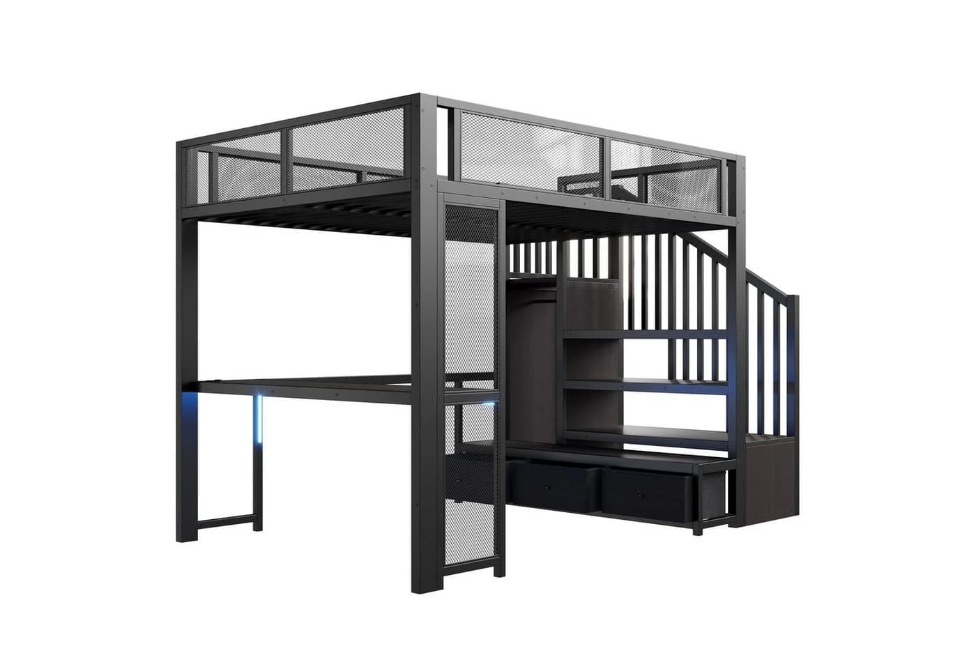 Flieks Hochbett Metallbett 140x200cm mit Schreibtisch, Stauraumtreppe, LED & USB - Bild 5