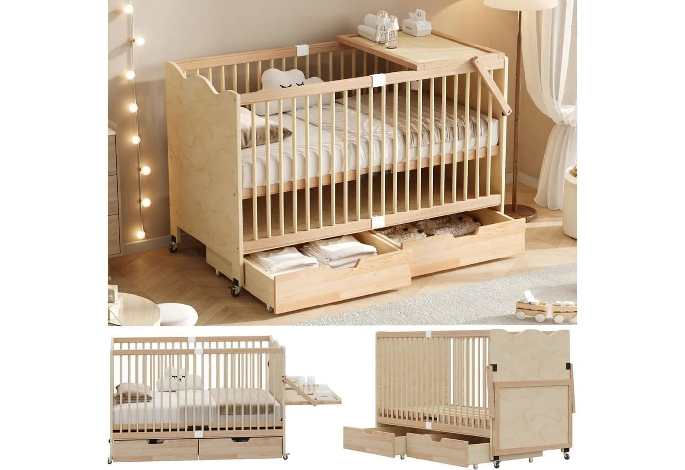 Flieks Babybett Kiefernholz 70x140cm mit Schubladen & Wickeltisch - Bild 2