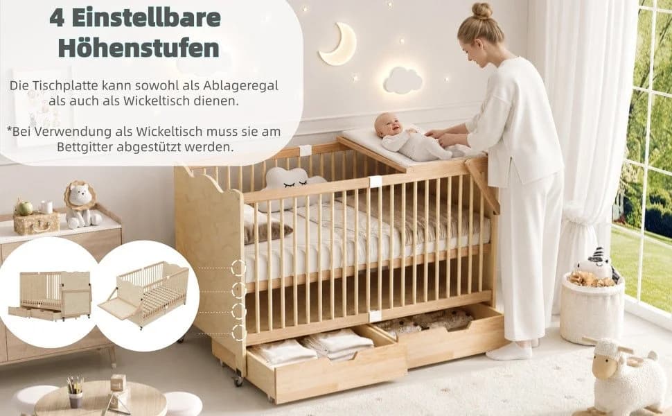 Flieks Babybett Kiefernholz 70x140cm mit Schubladen & Wickeltisch - Bild 4