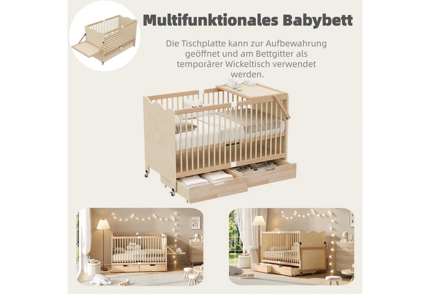 Flieks Babybett Kiefernholz 70x140cm mit Schubladen & Wickeltisch - Bild 5