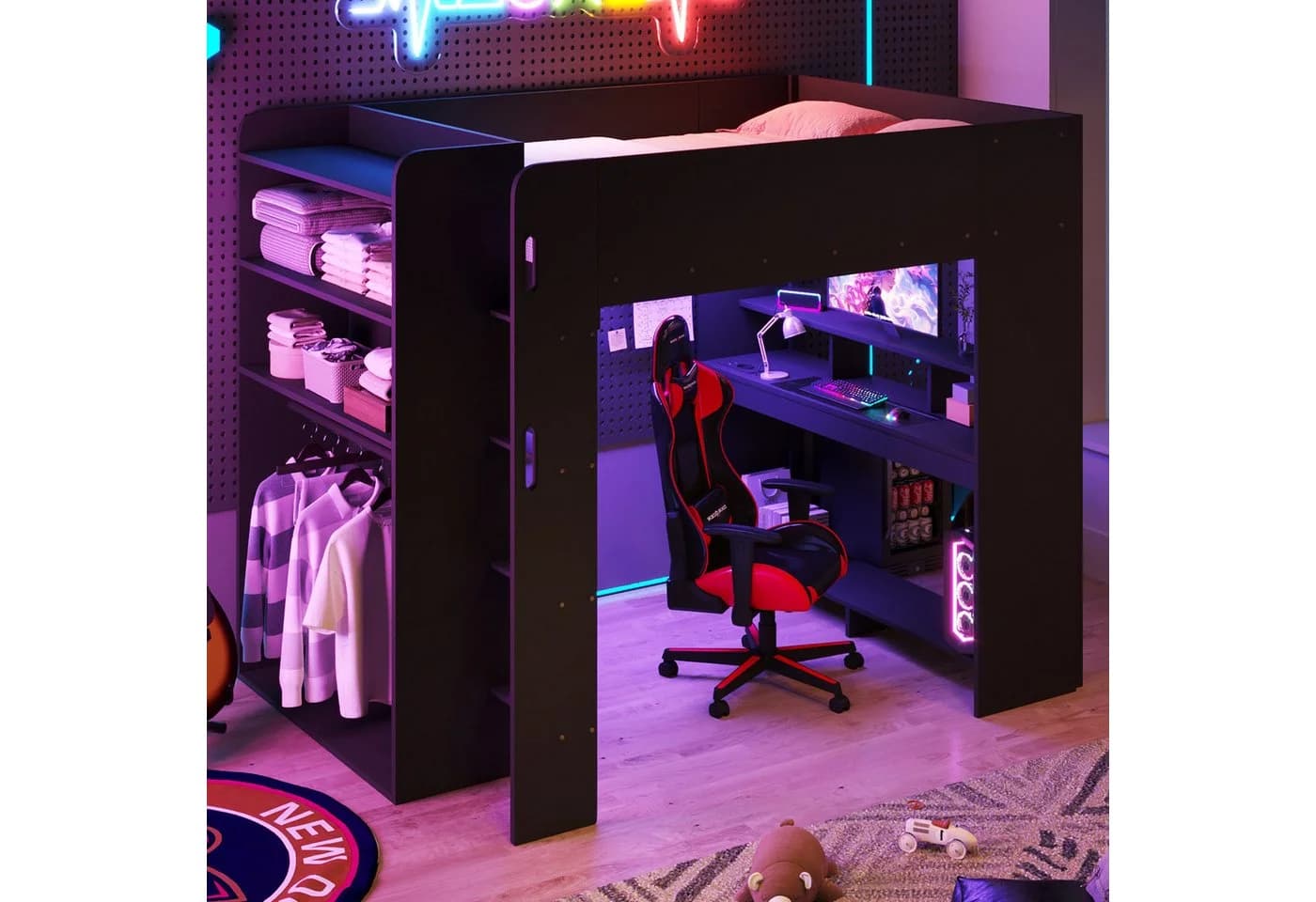 Flieks Hochbett Gamingbett 140x200 mit Schreibtisch Kleiderschrank LED - Bild 3