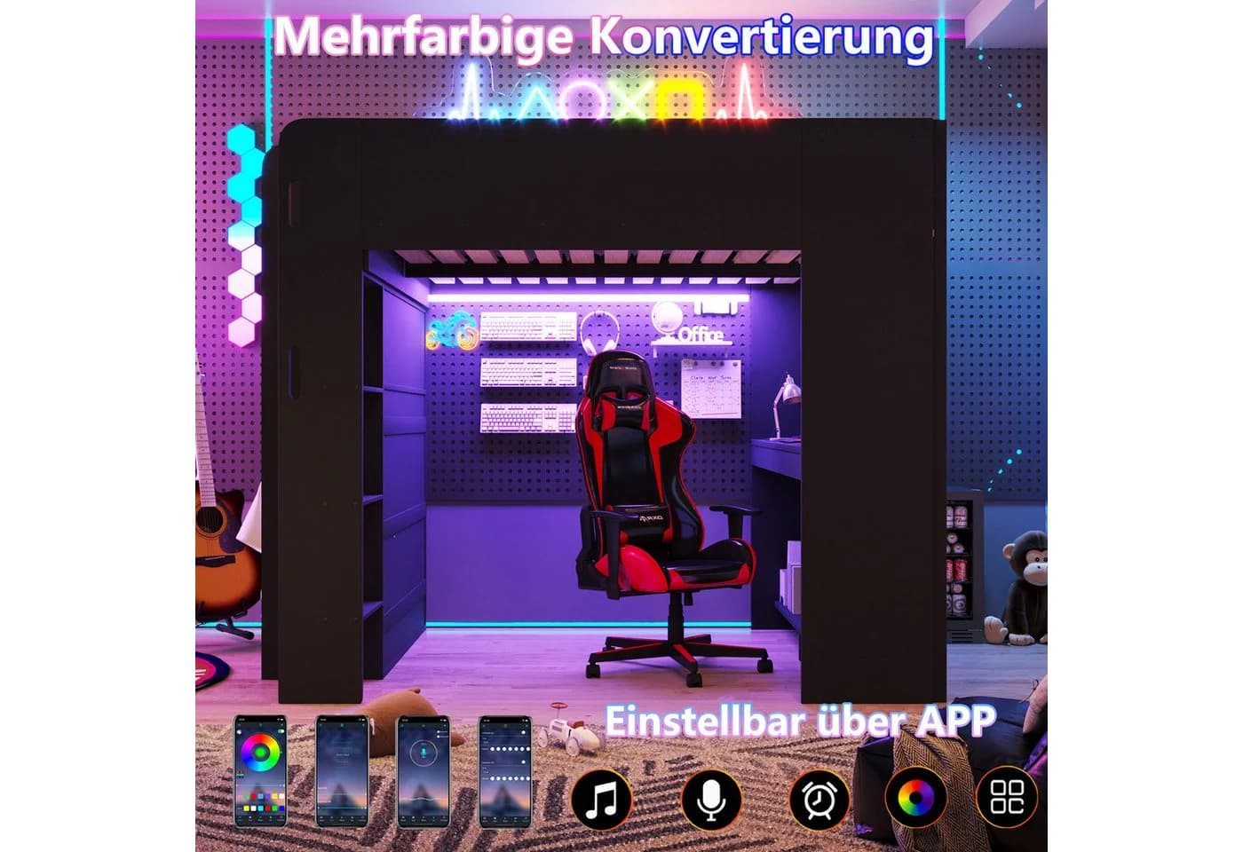 Flieks Hochbett Gamingbett 140x200 mit Schreibtisch Kleiderschrank LED - Bild 4