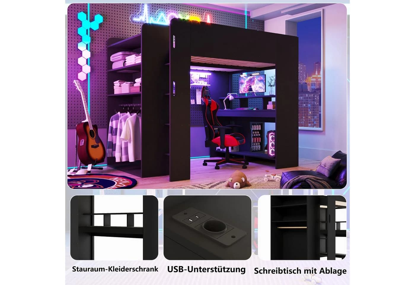 Flieks Hochbett Gamingbett 140x200 mit Schreibtisch Kleiderschrank LED - Bild 5