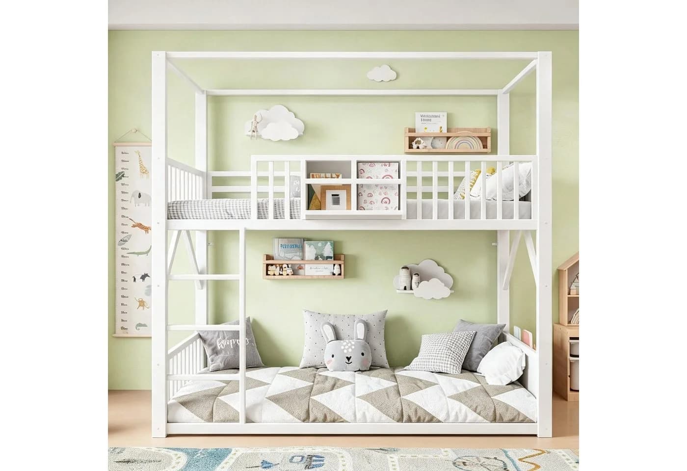 Flieks Etagenbett Kinderbett 90x200cm Hausform mit Lattenrost & Schutzgitter