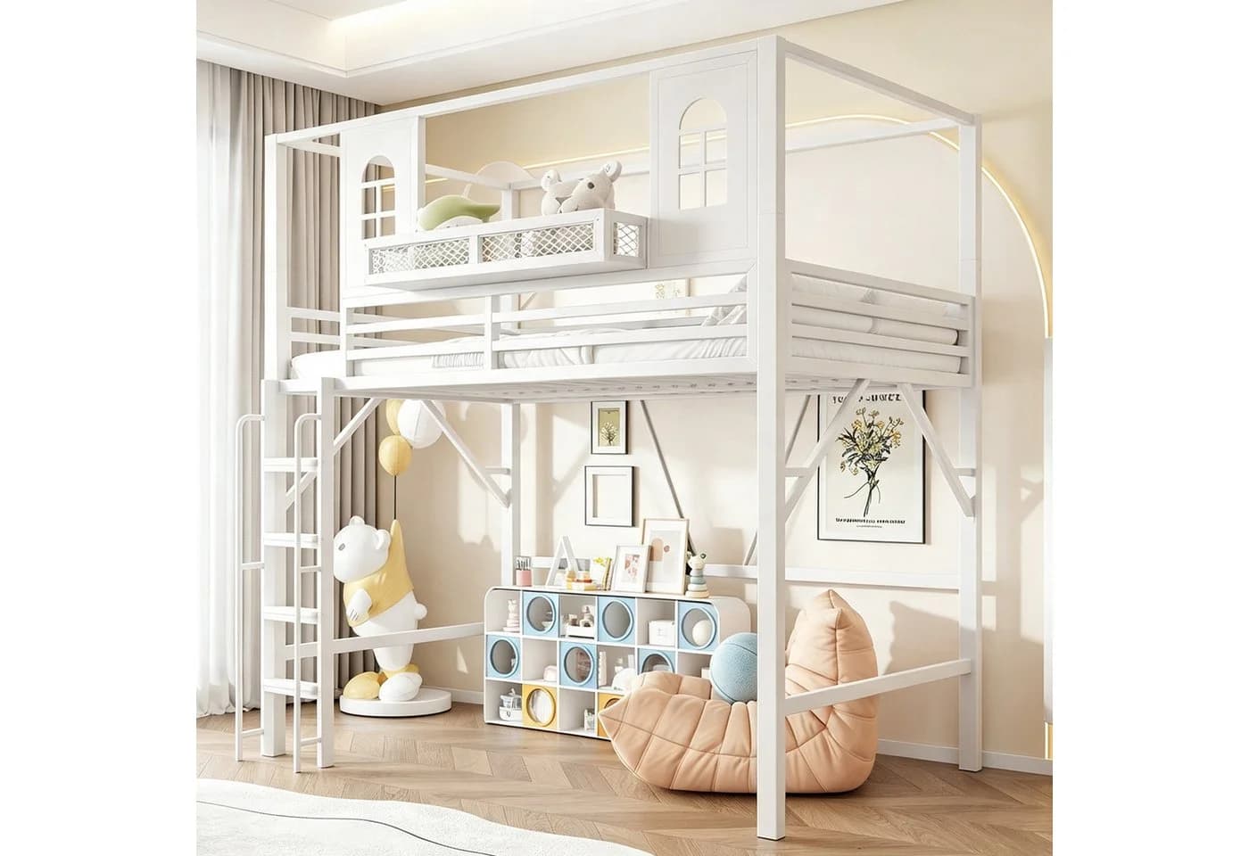 Flieks Hochbett Metall Kinderbett Hausform mit Sicherheitsleiter