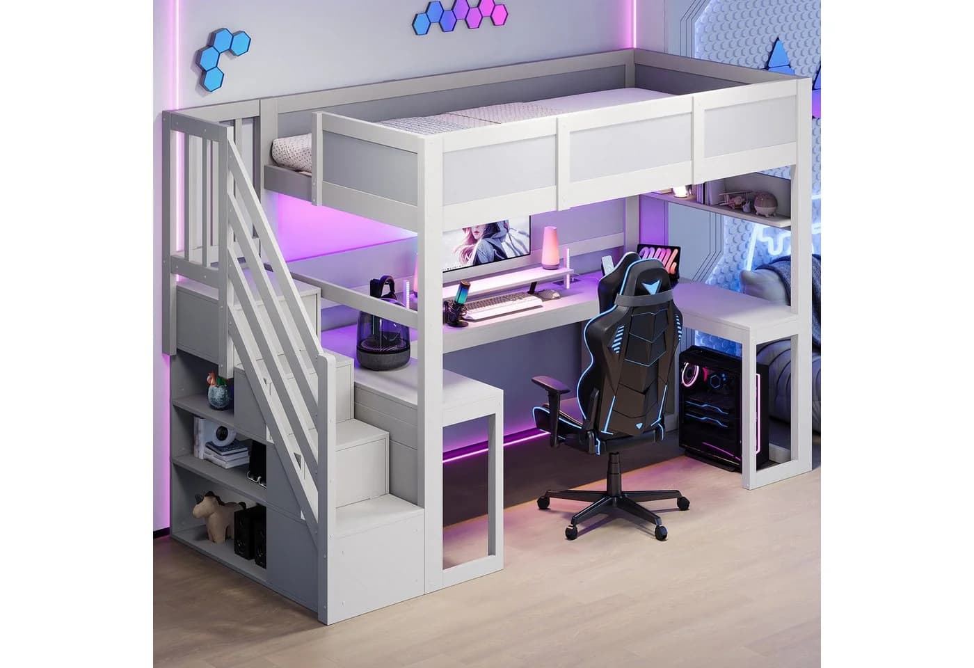 Flieks Hochbett Gamingbett mit Schreibtisch, LED & Stauraumtreppe