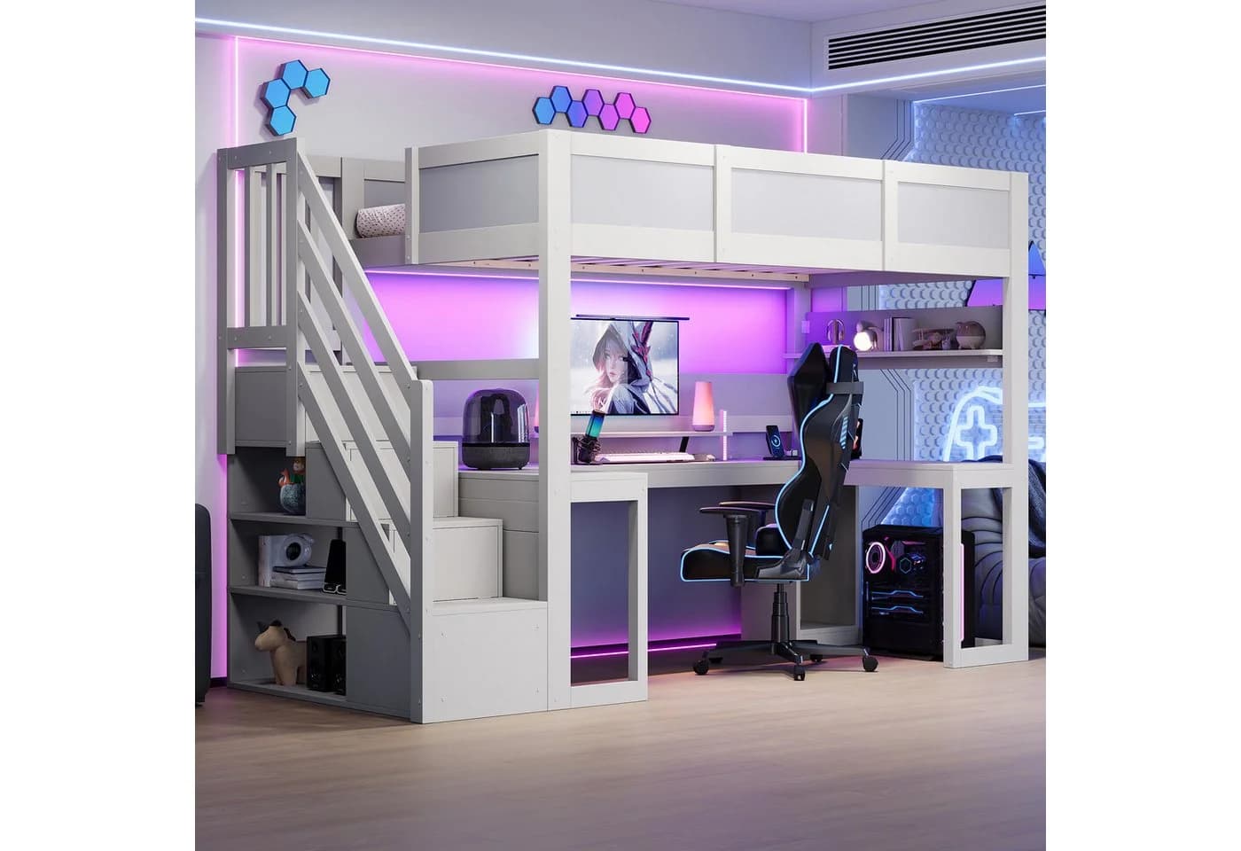Flieks Hochbett Gamingbett mit Schreibtisch, LED & Stauraumtreppe - Bild 2