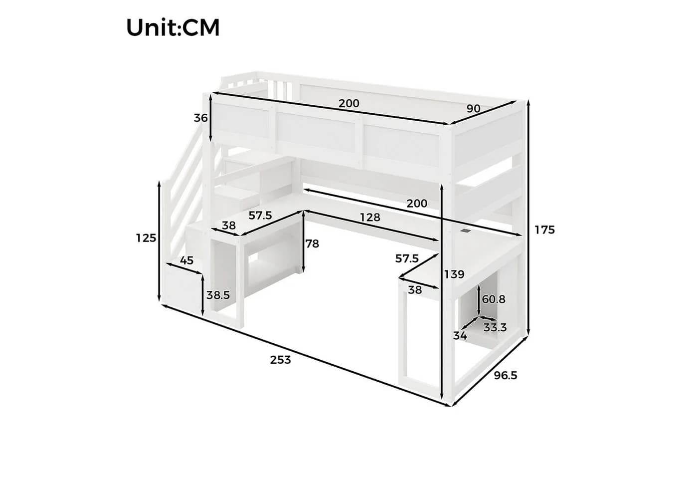 Flieks Hochbett Gamingbett mit Schreibtisch, LED & Stauraumtreppe - Bild 4