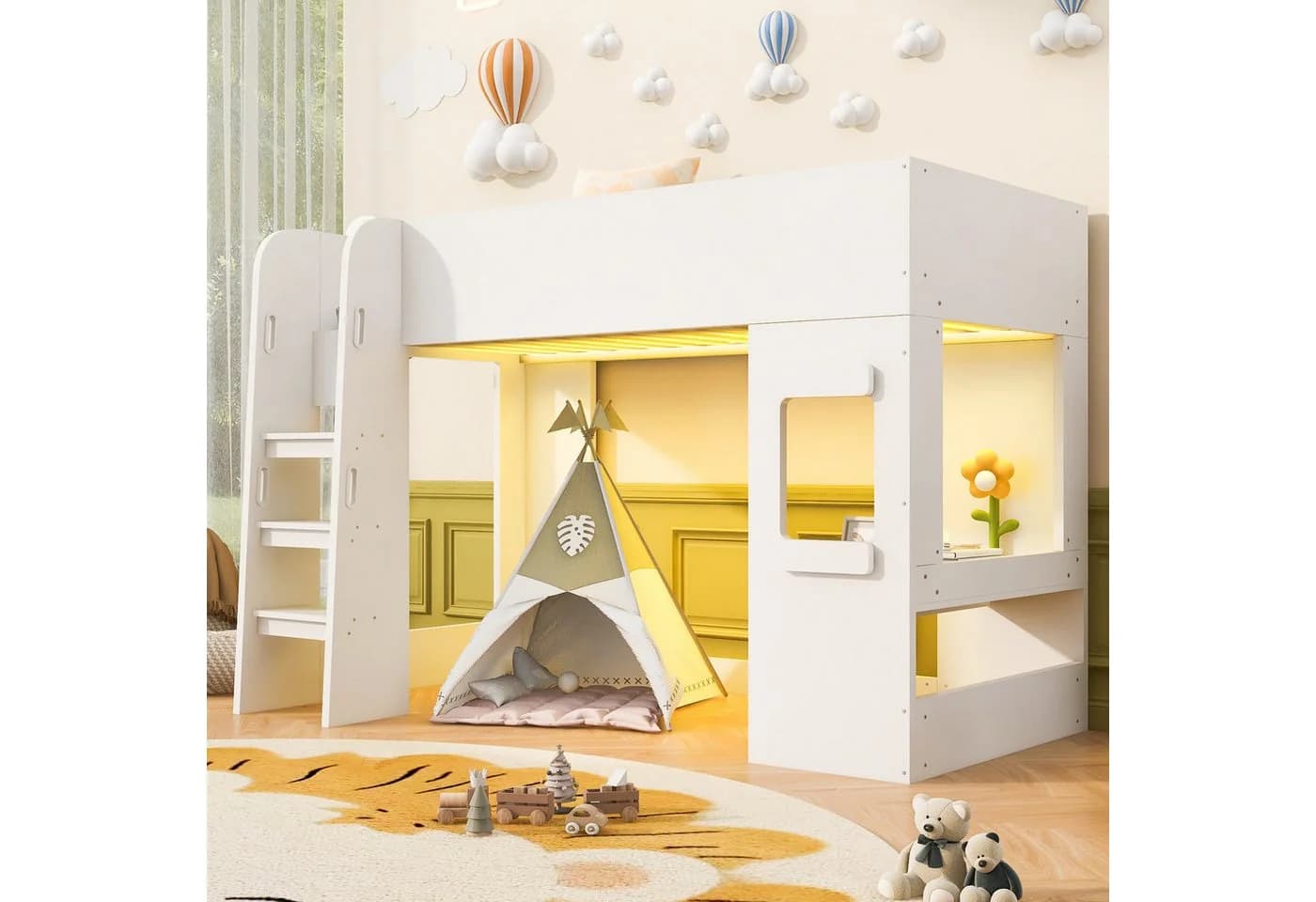 Flieks Hochbett Kinderbett 90x200cm Hausform mit Schreibtisch und LED-Leiste