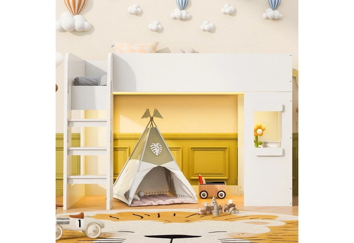 Flieks Hochbett Kinderbett 90x200cm Hausform mit Schreibtisch und LED-Leiste - Bild 3