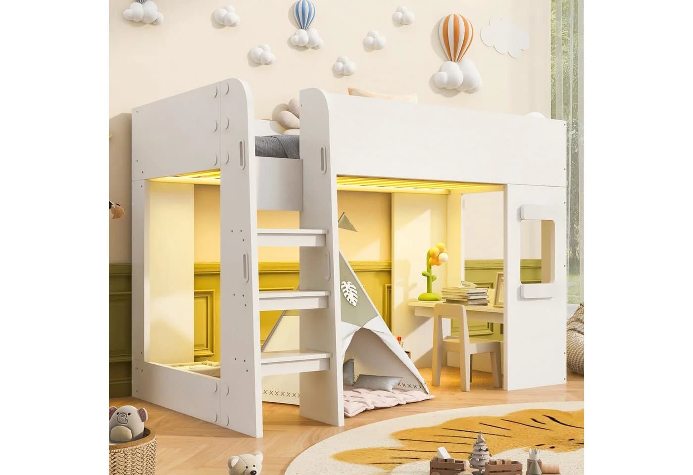 Flieks Hochbett Kinderbett 90x200cm Hausform mit Schreibtisch und LED-Leiste - Bild 4