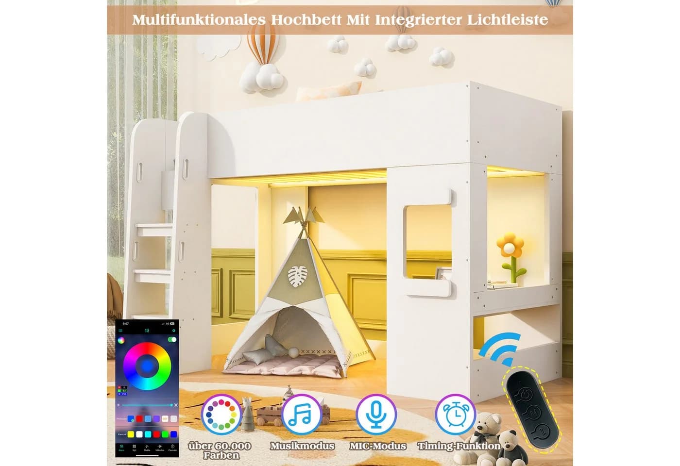 Flieks Hochbett Kinderbett 90x200cm Hausform mit Schreibtisch und LED-Leiste - Bild 5