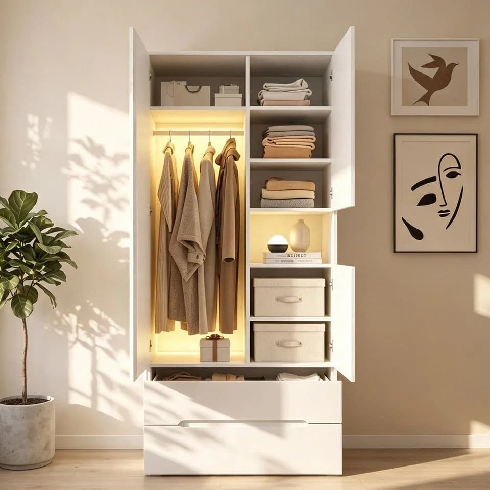 Flieks Kleiderschrank mit LED, Glas-Tür und 2 Schubladen Weiß - Bild 3