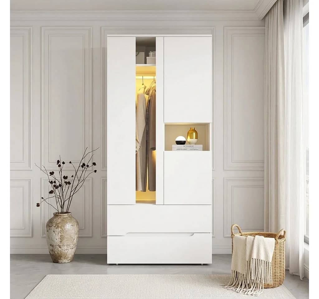 Flieks Kleiderschrank mit LED, Glas-Tür und 2 Schubladen Weiß - Bild 4