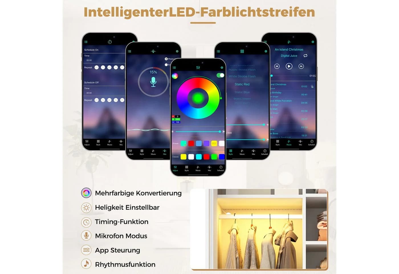 Flieks Kleiderschrank mit LED, Glas-Tür und 2 Schubladen Weiß - Bild 5