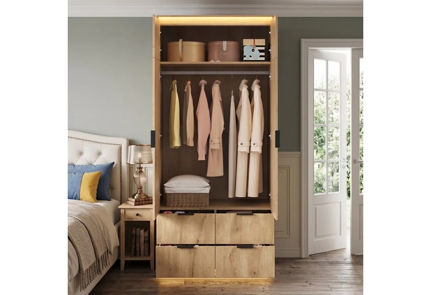 Flieks Kleiderschrank mit LED, Spiegel und 4 Schubladen Beige - Bild 3