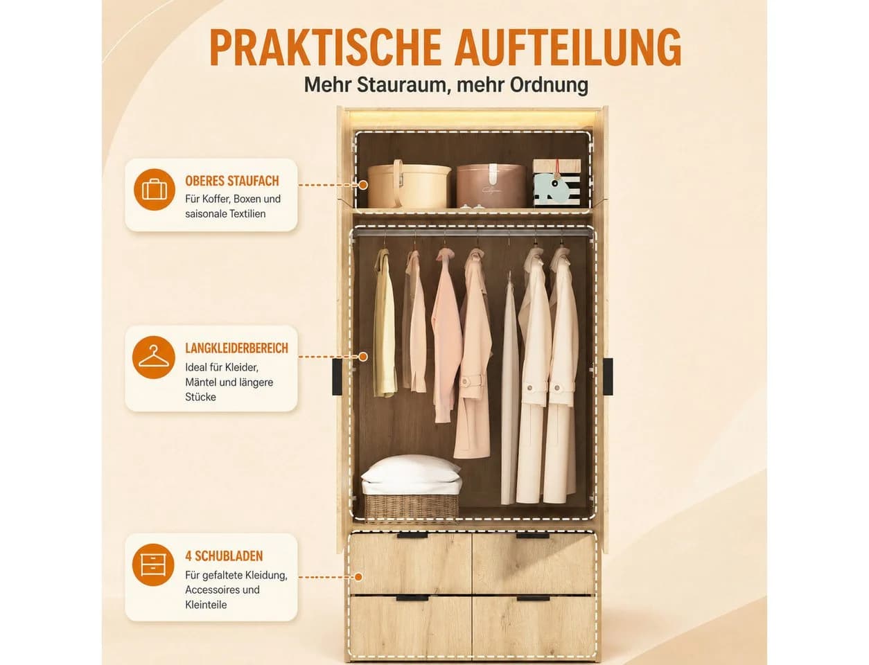 Flieks Kleiderschrank mit LED, Spiegel und 4 Schubladen Beige - Bild 4