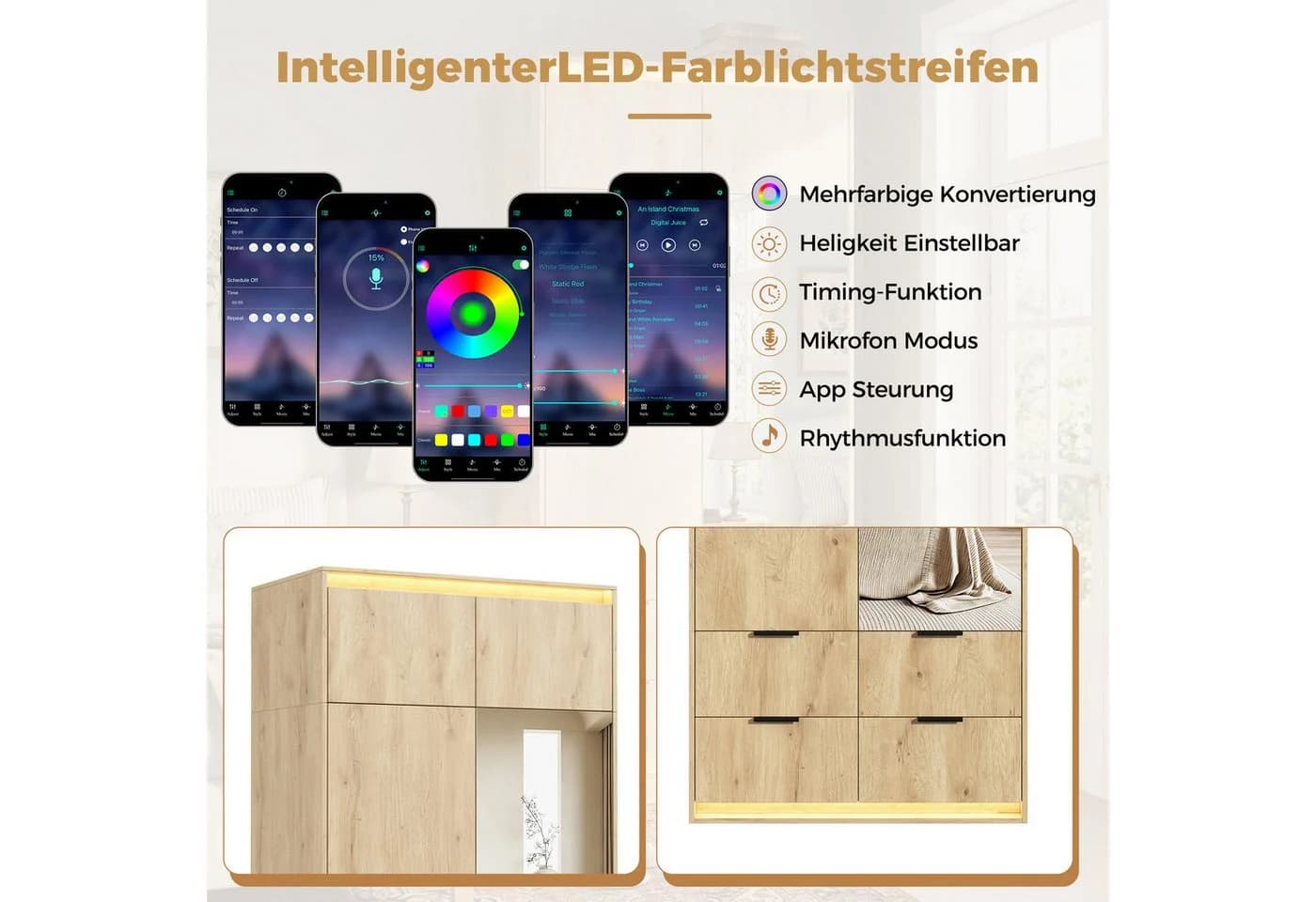 Flieks Kleiderschrank mit LED, Spiegel und 4 Schubladen Beige - Bild 5