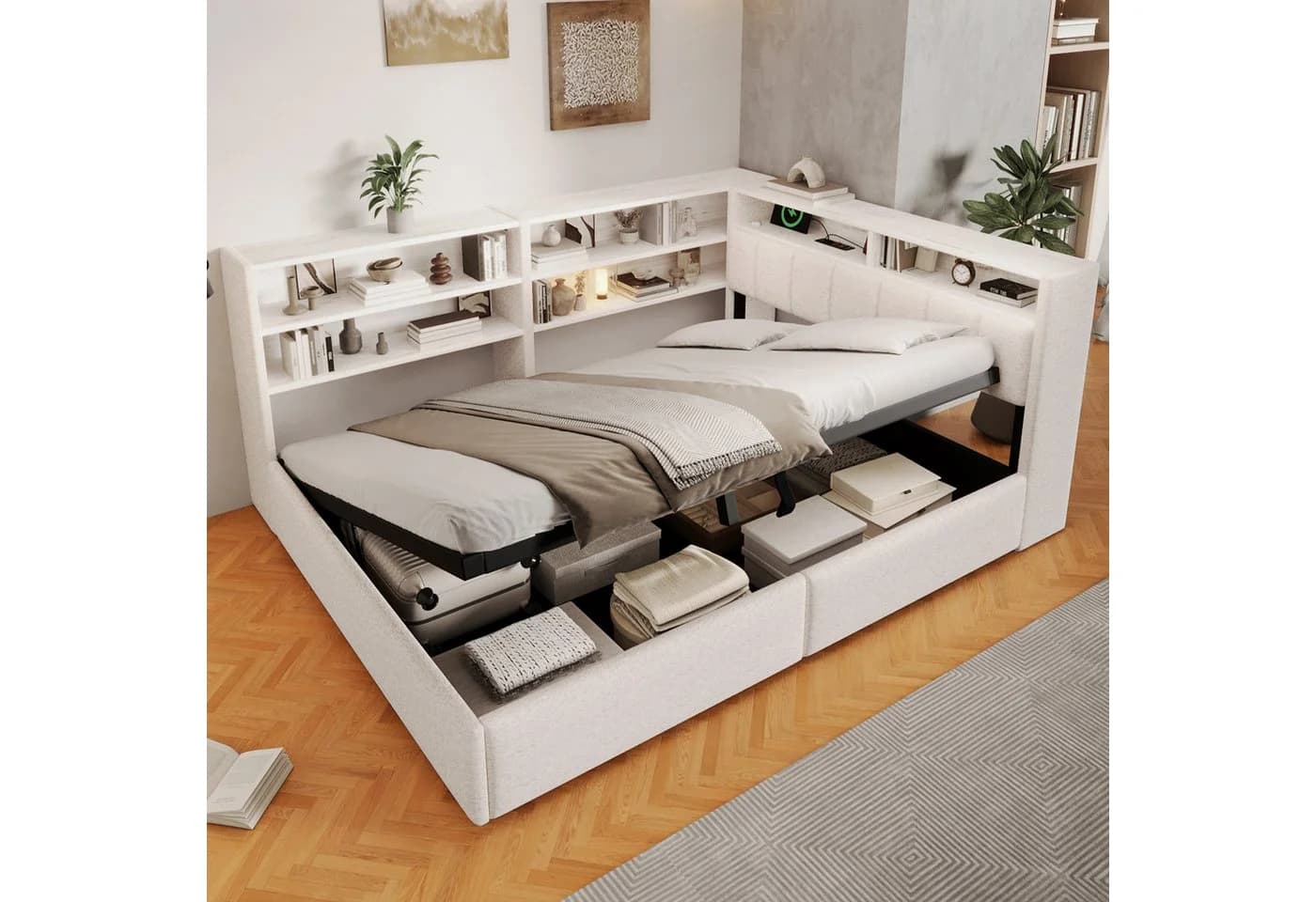 Flieks Daybett Samt Weiß mit LED, USB & Stauraum