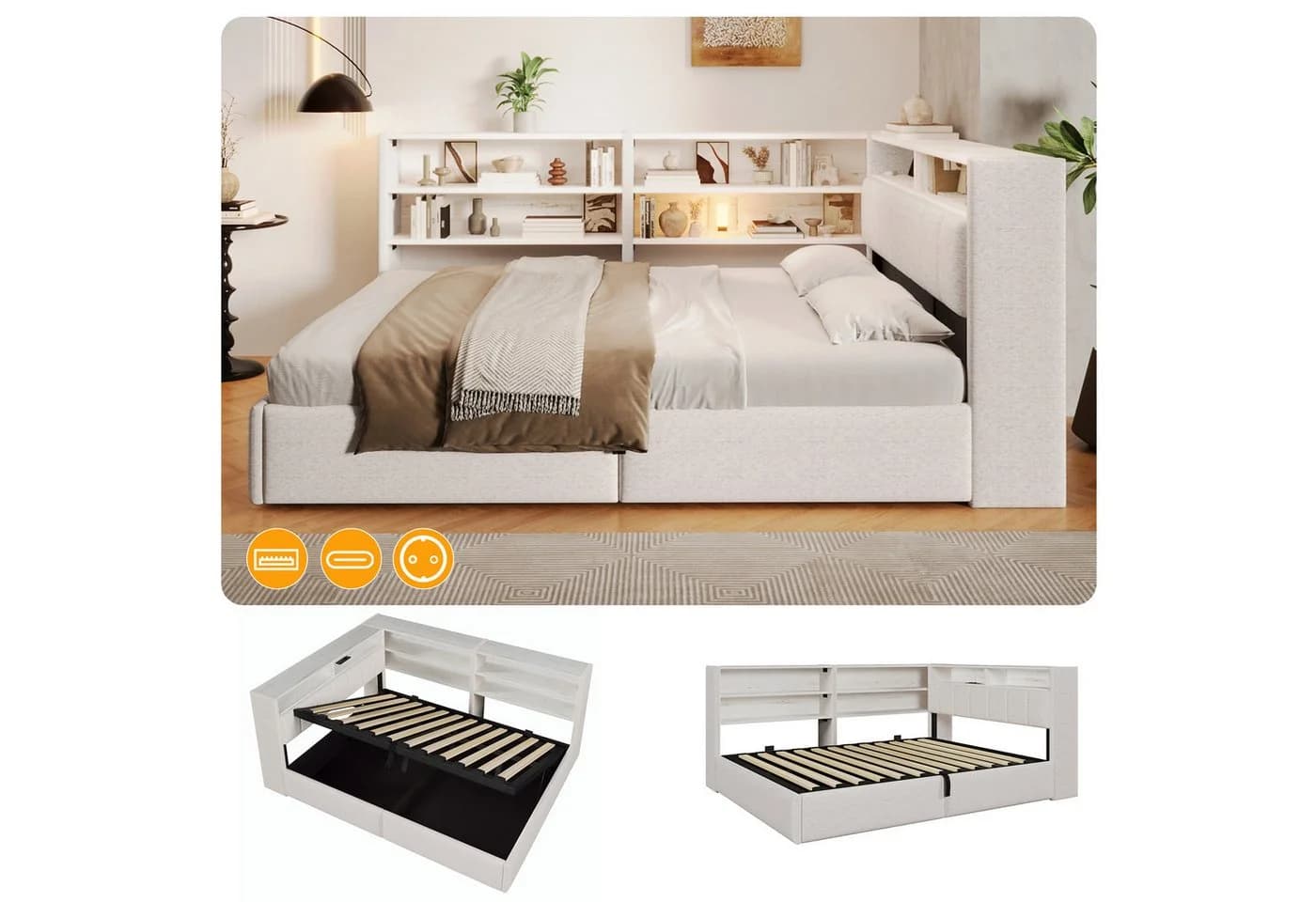 Flieks Daybett Samt Weiß mit LED, USB & Stauraum - Bild 2