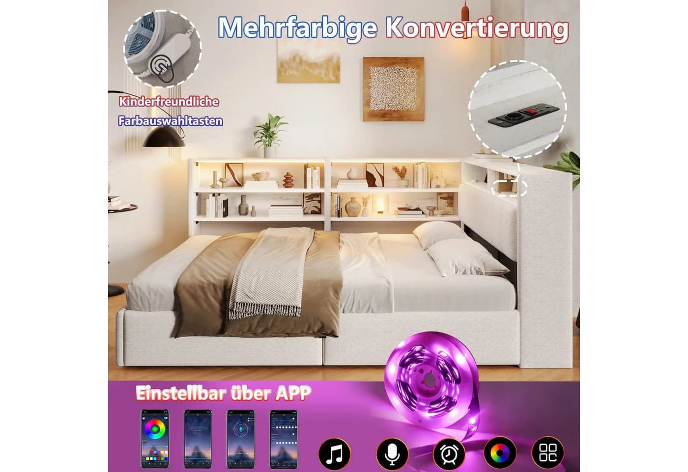 Flieks Daybett Samt Weiß mit LED, USB & Stauraum - Bild 5