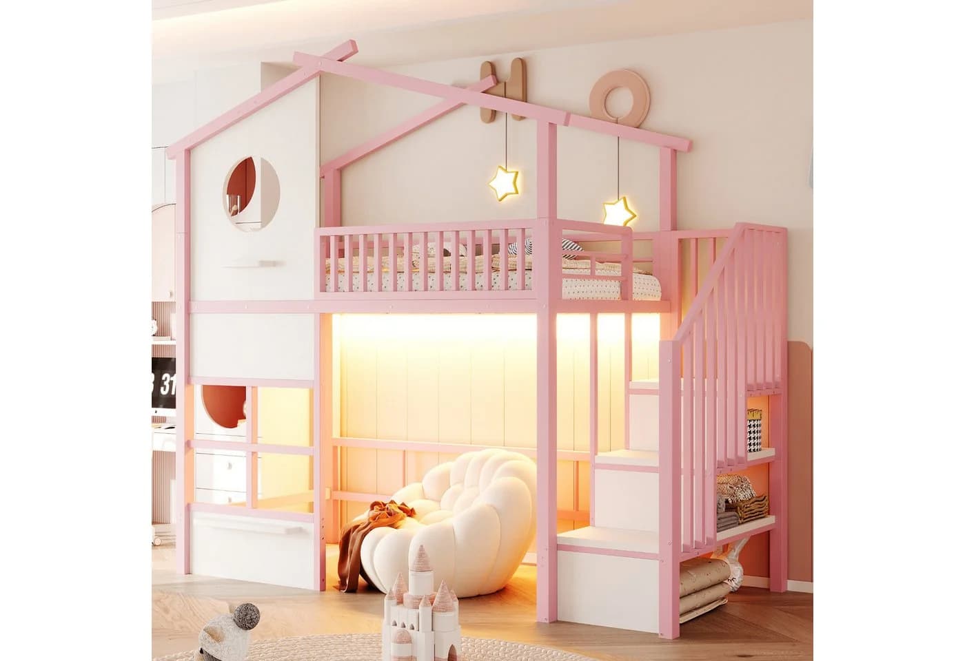 Flieks Hochbett Metall Kinderbett 90x200cm Rosa mit LED und Stauraumtreppe - Bild 2