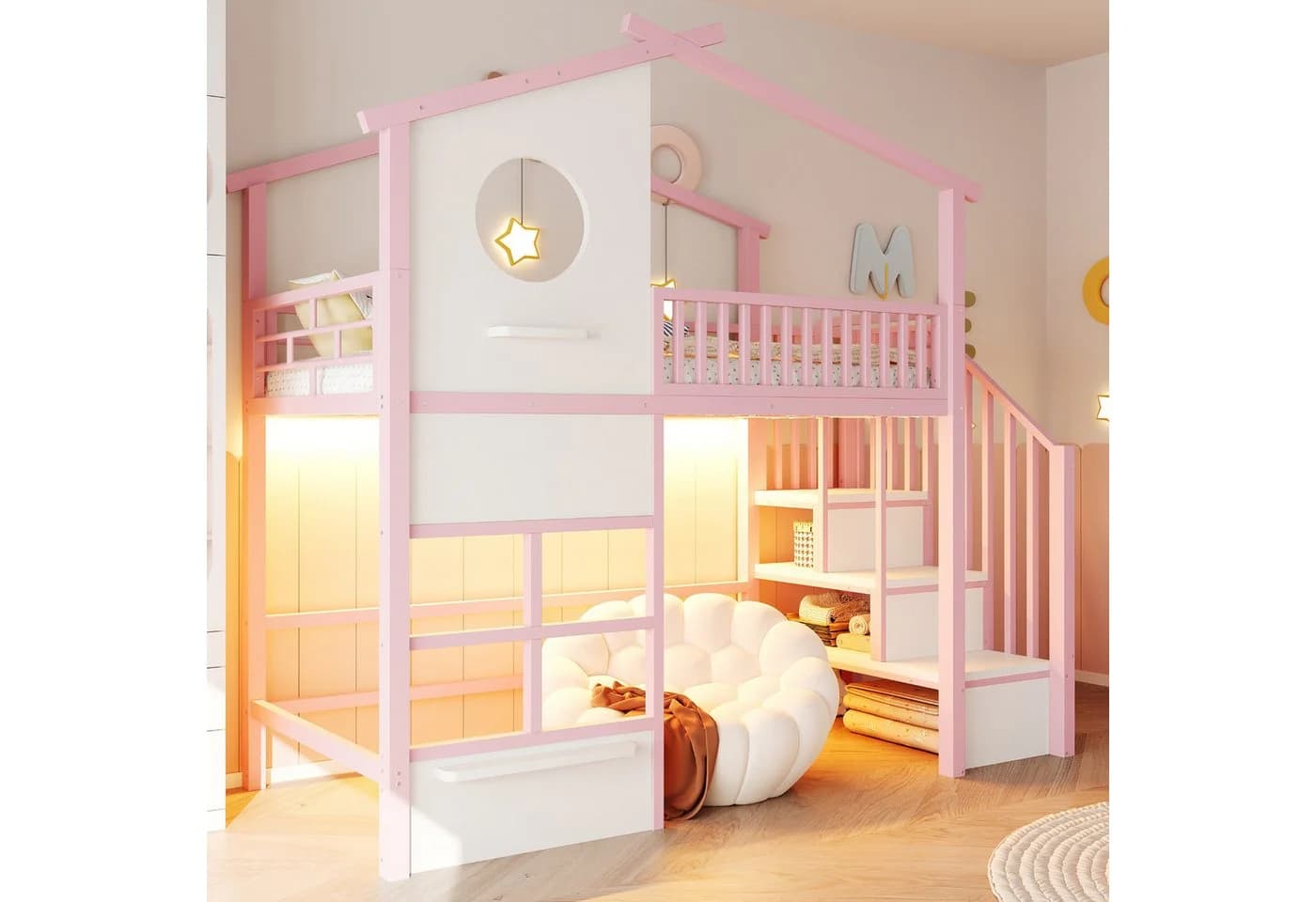 Flieks Hochbett Metall Kinderbett 90x200cm Rosa mit LED und Stauraumtreppe - Bild 3