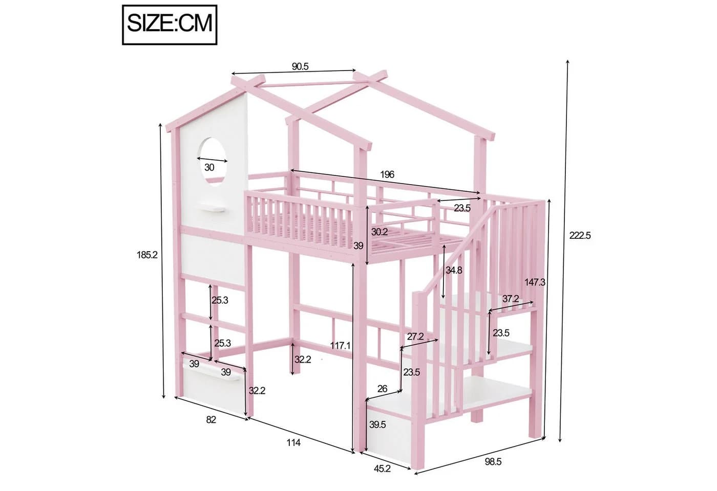 Flieks Hochbett Metall Kinderbett 90x200cm Rosa mit LED und Stauraumtreppe - Bild 5
