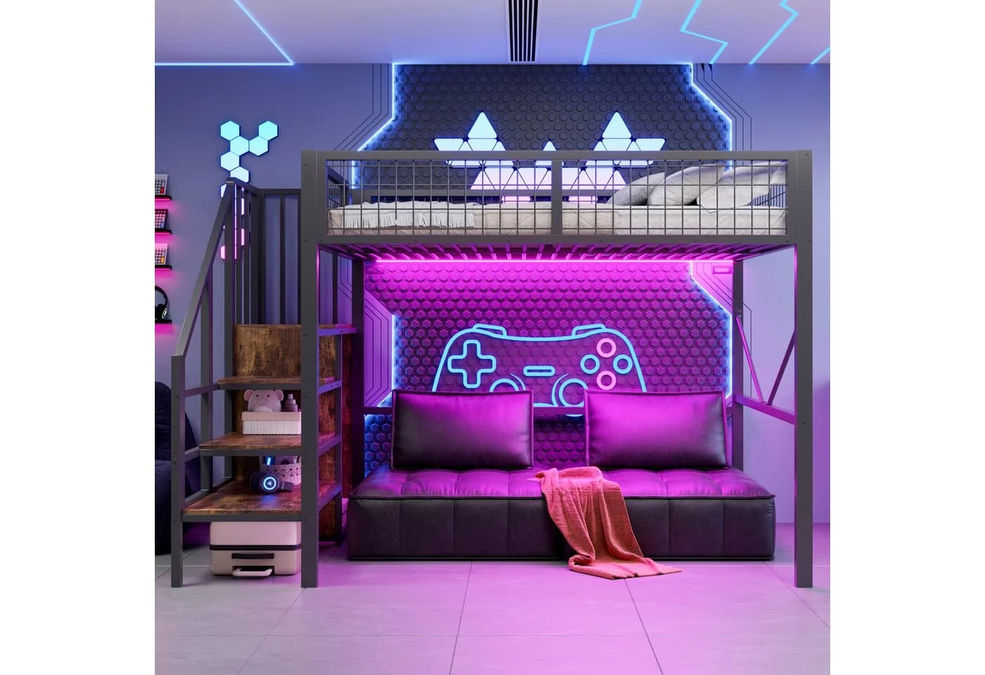 Flieks Hochbett aus Metall mit LED-Streifen und Stauraumtreppe