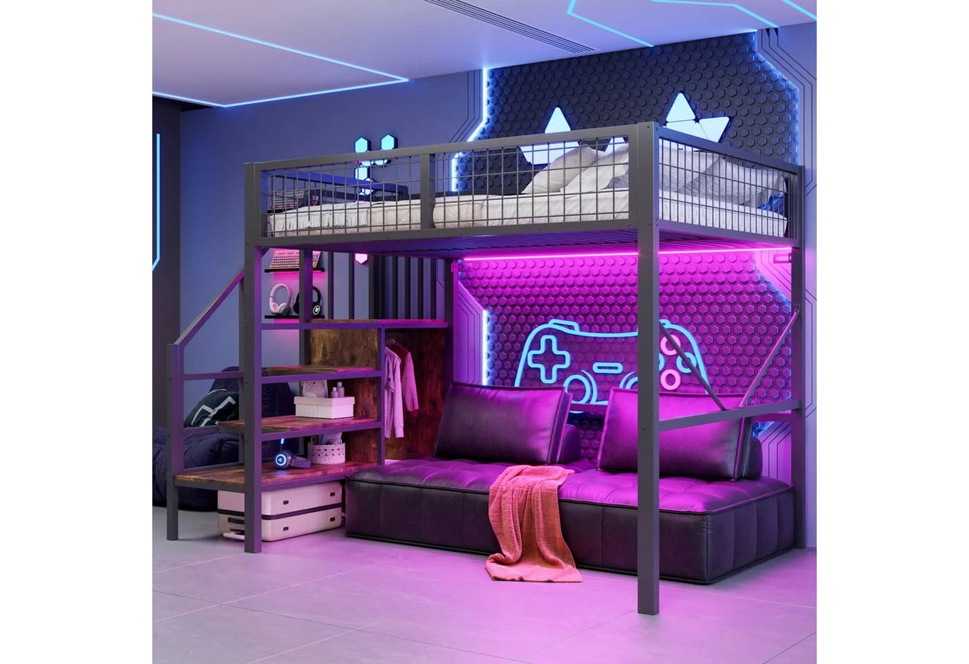 Flieks Hochbett aus Metall mit LED-Streifen und Stauraumtreppe - Bild 2