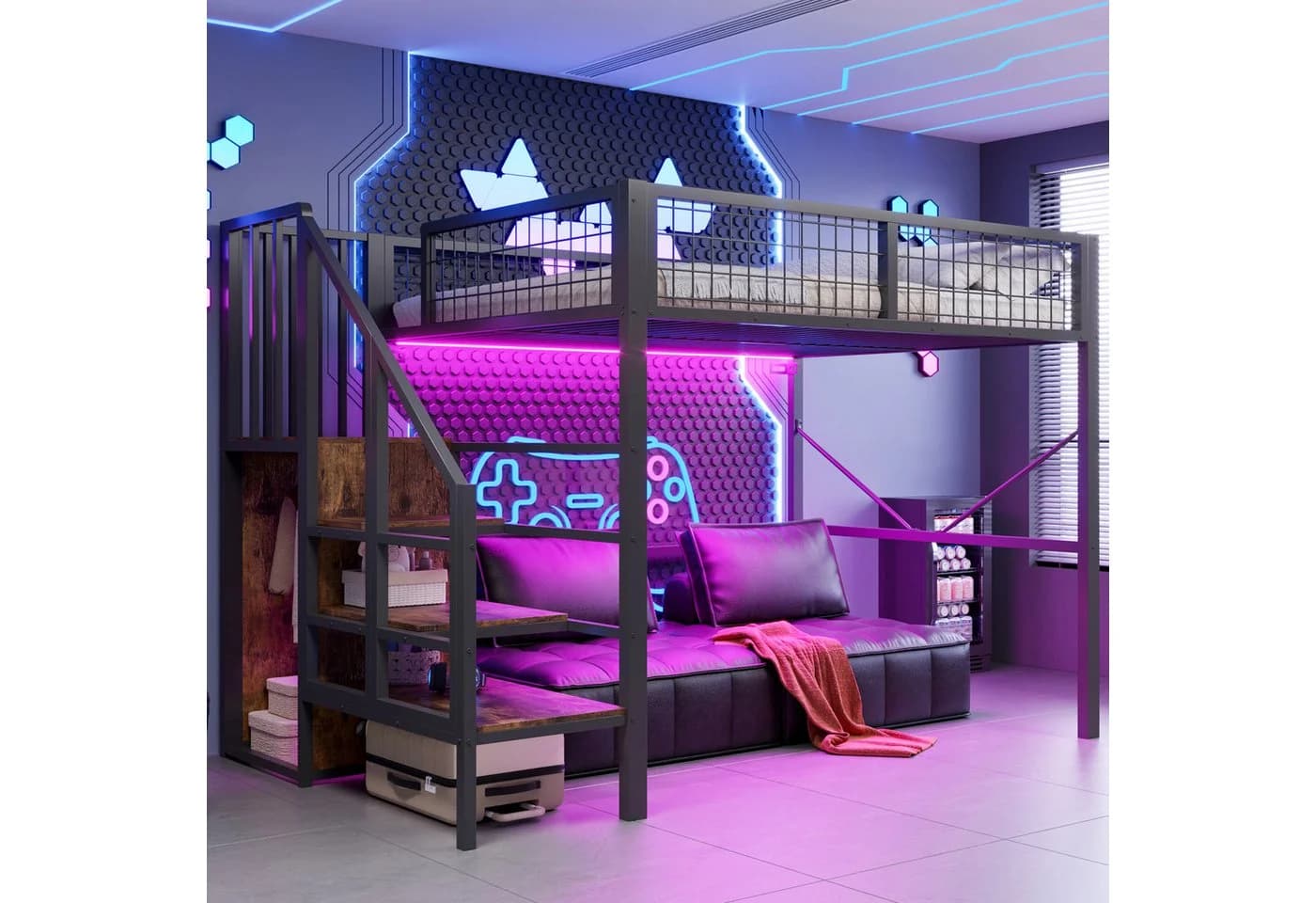 Flieks Hochbett aus Metall mit LED-Streifen und Stauraumtreppe - Bild 3