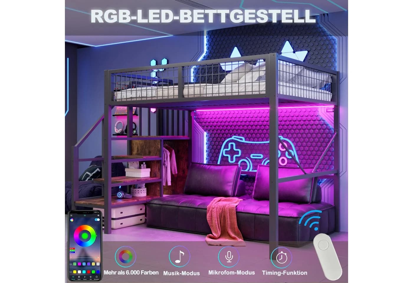 Flieks Hochbett aus Metall mit LED-Streifen und Stauraumtreppe - Bild 4
